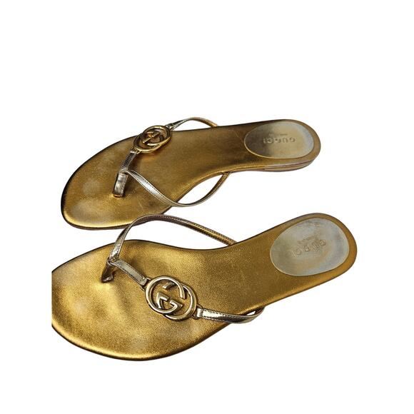 Gucci 36 Miroir Gold Metallic Leather Flip Flop Sandal Thong Logo Dustbag Box - Picture 8 of 12